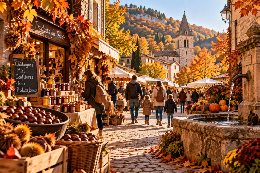 Village français aux couleurs de l’automne pendant une fête de la châtaigne