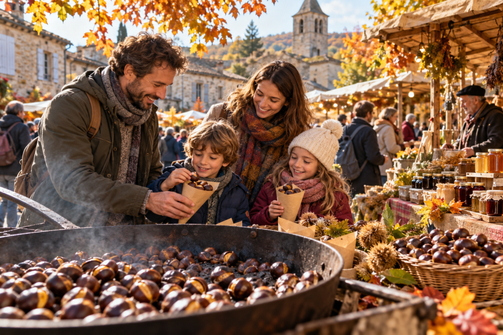 Famille découvrant une fête de la châtaigne en France avec châtaignes grillées et marché de producteurs en automne