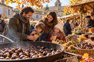 Famille découvrant une fête de la châtaigne en France avec châtaignes grillées et marché de producteurs en automne