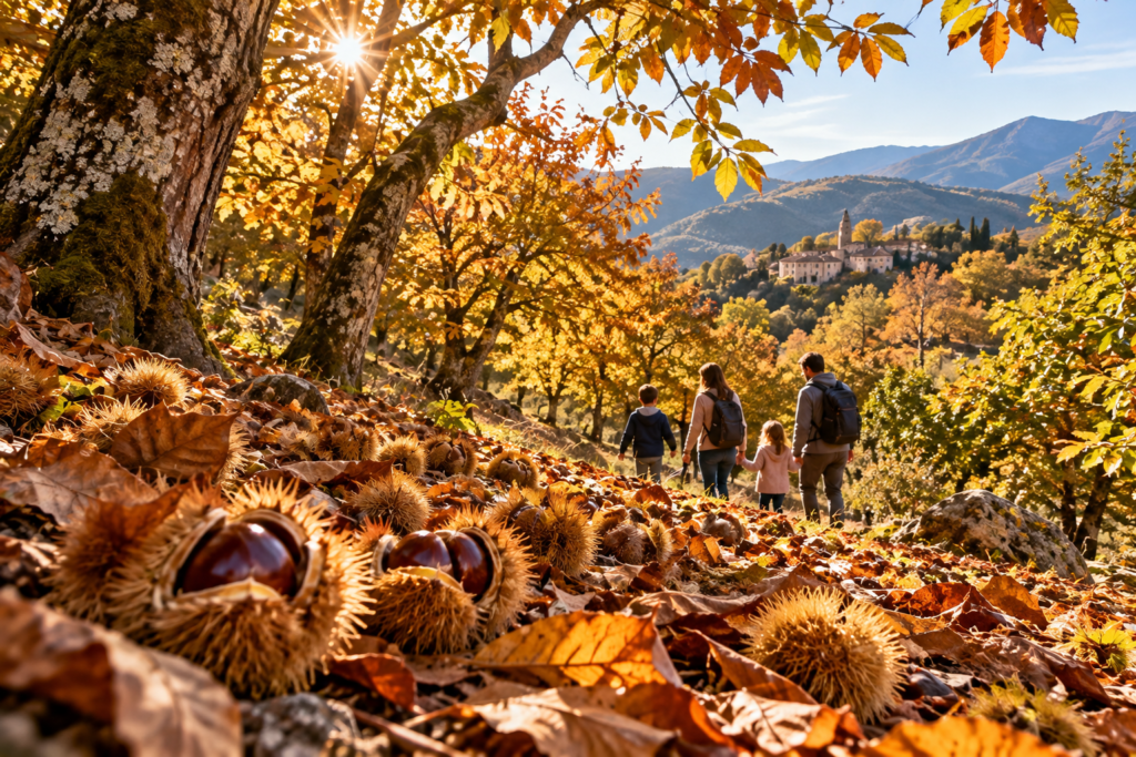 Famille en balade dans une châtaigneraie en Ardèche en automne