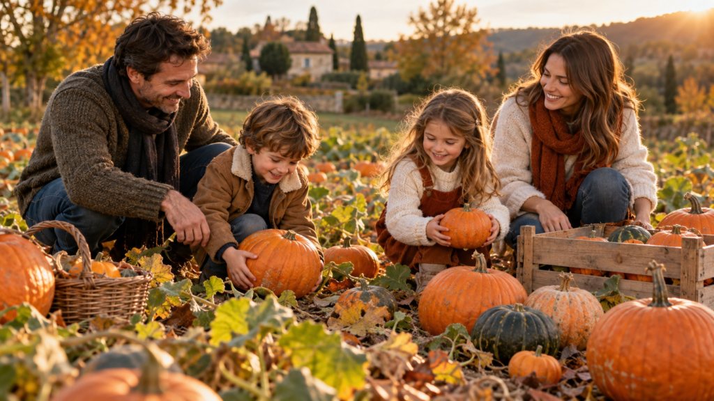 Enfants choisissant des citrouilles pour Halloween en famille