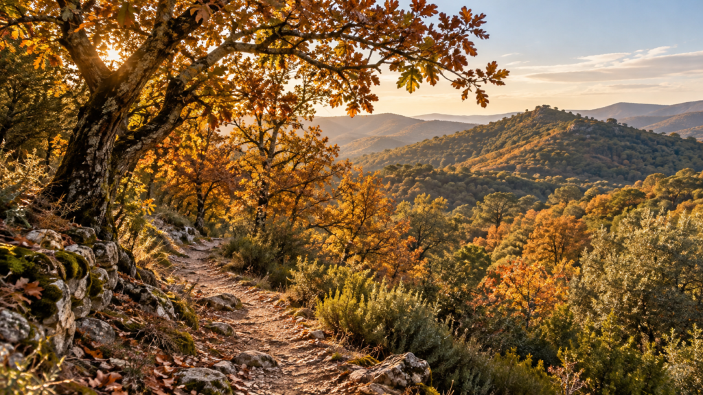 Paysage d'automne inspiré du massif des Maures dans le Var, avec un chemin bordé de châtaigniers aux couleurs dorées.