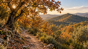 Paysage d'automne inspiré du massif des Maures dans le Var, avec un chemin bordé de châtaigniers aux couleurs dorées.