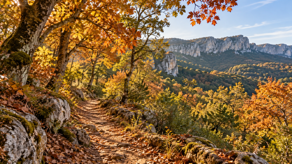 Sentier dans la forêt de la Sainte-Baume aux couleurs de l'automne, dans le Var.