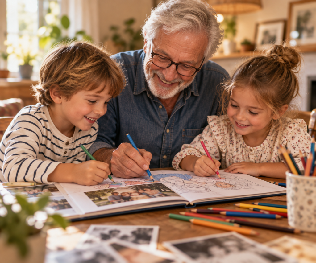 Grand-père partageant une activité de dessin avec ses petits-enfants