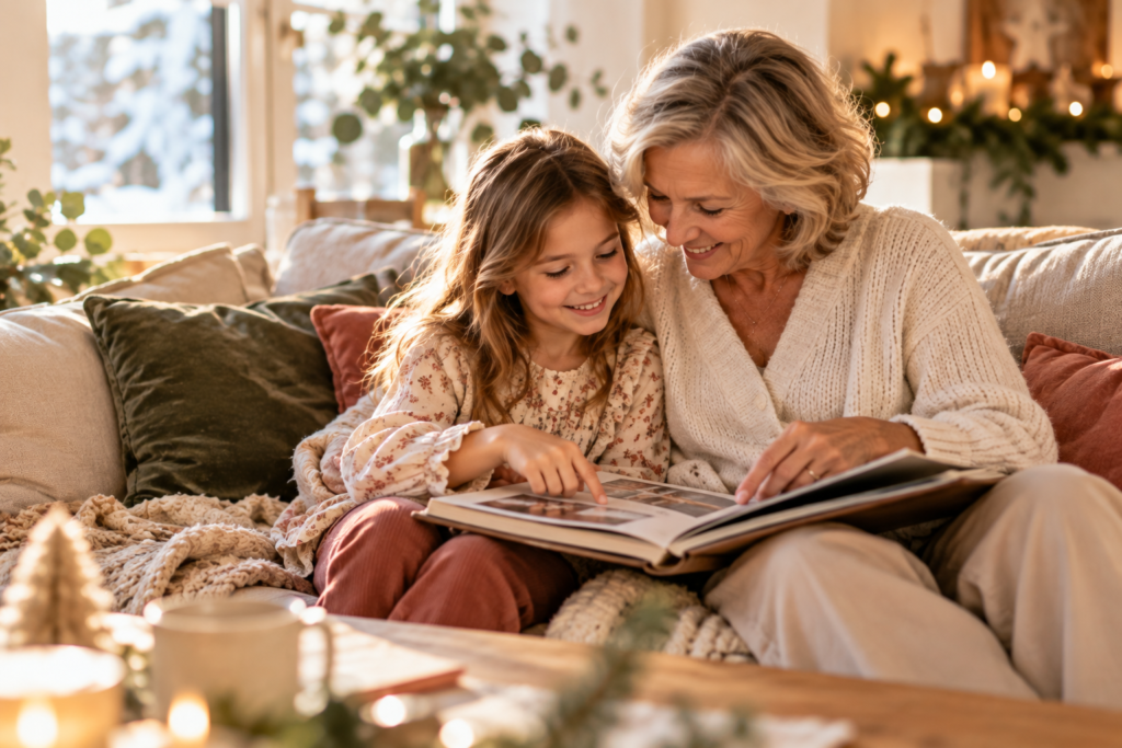 Grand-mère et petite-fille partageant un moment autour d'un album de souvenirs en famille.