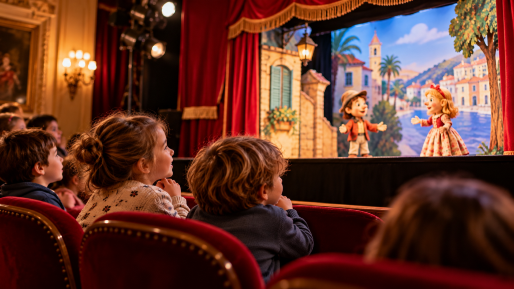 Enfants assistant à un spectacle de marionnettes dans un théâtre, une sortie en famille à Nice par temps de pluie.