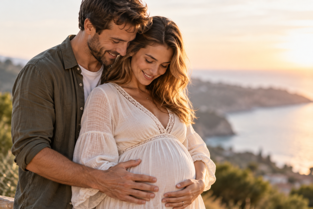 Futurs parents lors d'une séance photo grossesse en lumière naturelle
