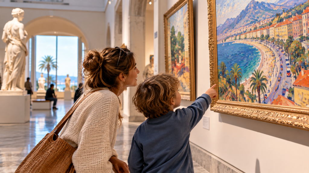 Une maman et son enfant découvrent des œuvres d'art dans un musée, une idée de sortie culturelle en famille à Nice.