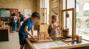 Enfants de 5 à 12 ans s'amusant dans l'espace Ludo au Pont du Gard, manipulant des jeux interactifs sur l'Antiquité et l'eau dans une ambiance lumineuse et chaleureuse.