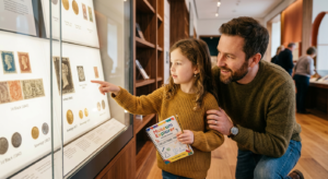 Un enfant curieux et un parent observent ensemble une collection de timbres historiques exposée dans une vitrine éclairée au Musée des Timbres et des Monnaies de Monaco.