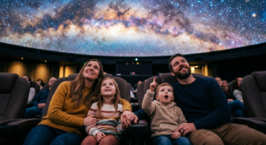 Une famille assise confortablement dans un planétarium moderne, regardant avec émerveillement une projection réaliste de la Voie lactée sur un dôme immersif.