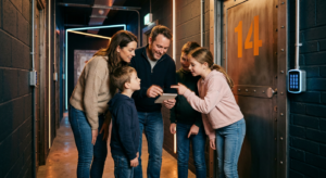 Une famille complice en train de résoudre une énigme devant une porte de cellule stylisée dans un centre de loisirs indoor type Action Game.